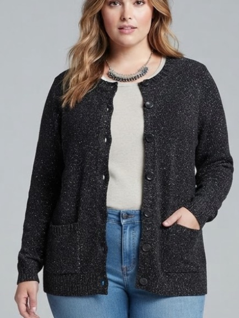 😍CLEARANCE WHITE STAG Black & White Flecks Button-Up Knit Cardigan Pockets XL